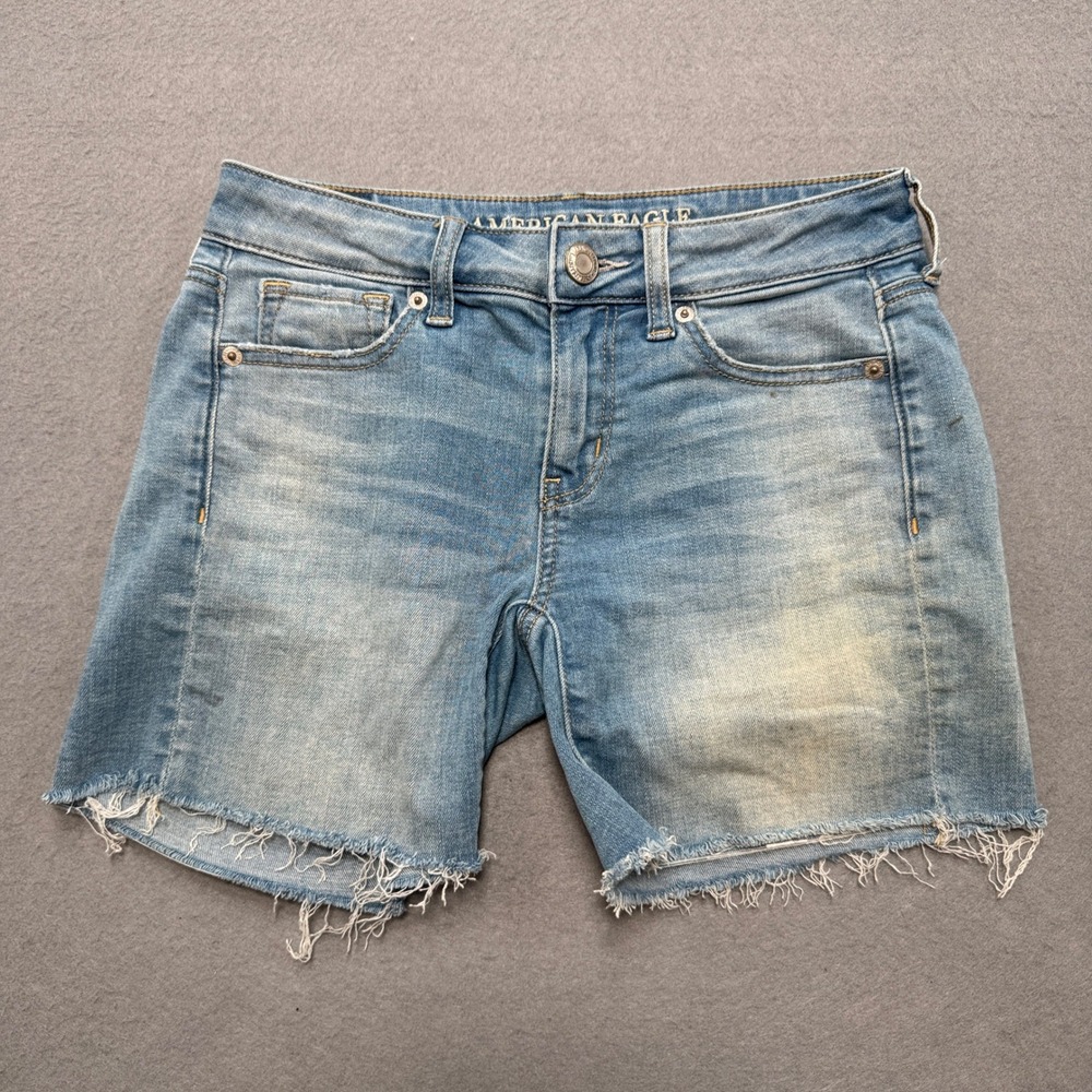 American Eagle Shorts Women's 0 Blue Super Stretch X Light Wash Cut Off Hem